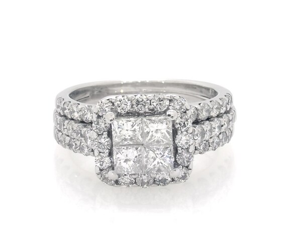 Previously Owned Princess-Cut Quad Diamond Cushion Halo Bridal Set 2 ct tw 14K White Gold Size 6.5