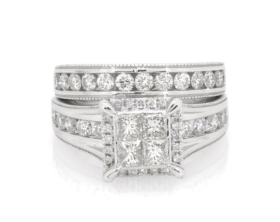 Previously Owned Princess-Cut Quad Diamond Halo Bridal Set 2 ct tw 14K White Gold 5.5