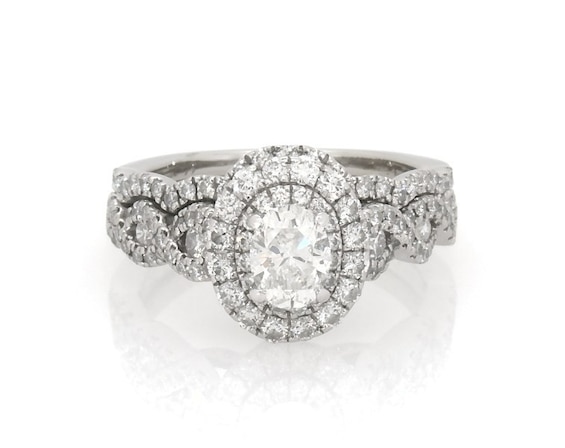 Previously Owned Neil Lane Oval-Cut Diamond Double Halo Bridal Set 1-3/8 ct tw 14K White Gold Size 5