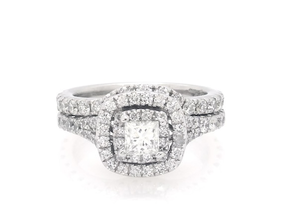 Previously Owned Neil Lane Princess-Cut Diamond Double Halo Bridal Set 1-1/3 ct tw 14K White Gold Size 4.25