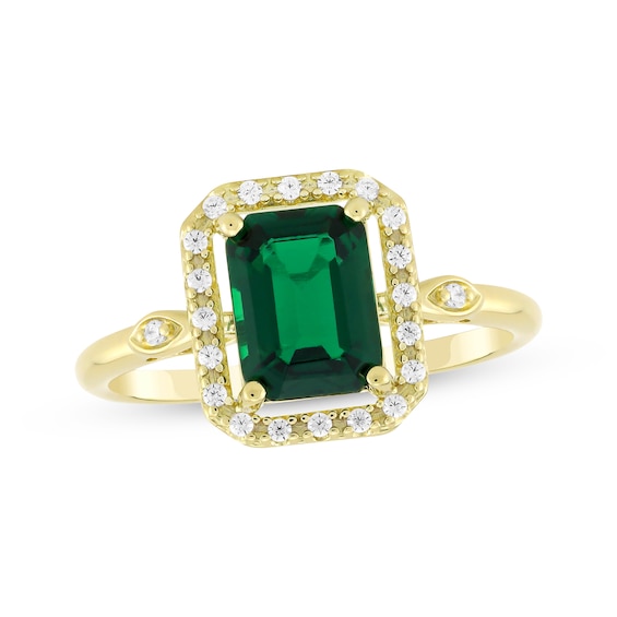 Previously Owned Emerald-Cut Lab-Created Emerald & Diamond Ring 1/10 ct tw 10K Yellow Gold