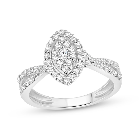 Previously Owned Multi-Diamond Marquise-Shaped Halo Round-Cut Engagement Ring 1/2 ct tw 14K White Gold