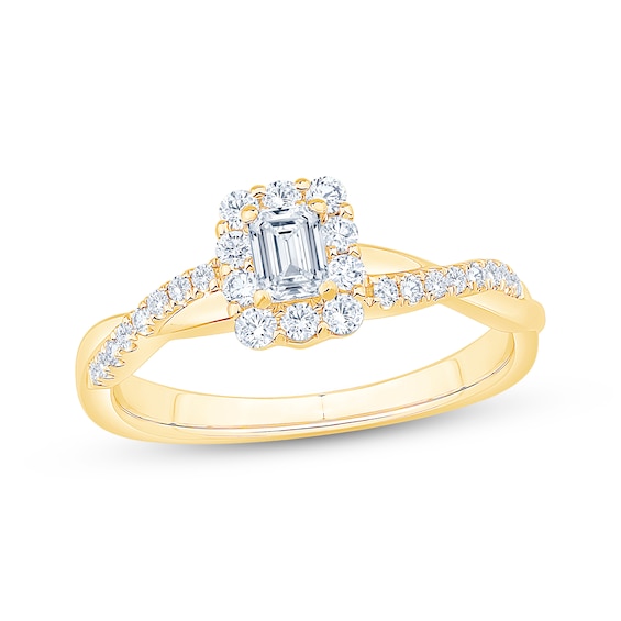 Previously Owned Emerald-Cut Diamond Halo Engagement Ring 1/2 ct tw 14K Yellow Gold
