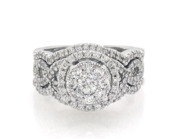 Previously Owned Round-Cut Diamond Double Halo Bridal Set 1-1/4 ct tw 14K White Gold Size 6