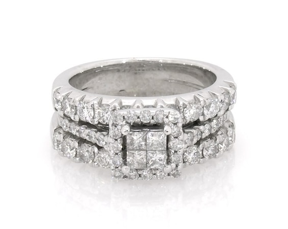 Previously Owned Princess-Cut Quad Diamond Halo Bridal Set 1-1/3 ct tw 14K White Gold Size 4.75