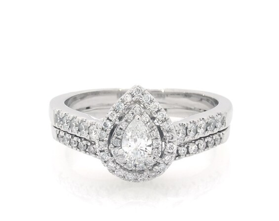 Previously Owned Pear-Shaped Diamond Double Halo Bridal Set 1/2 ct tw 10K & 14K White Gold Size 6.75
