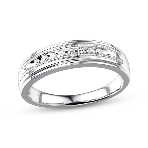 Previously Owned Men's Diamond Milgrain Wedding Ring 1/10 ct tw 10K White Gold