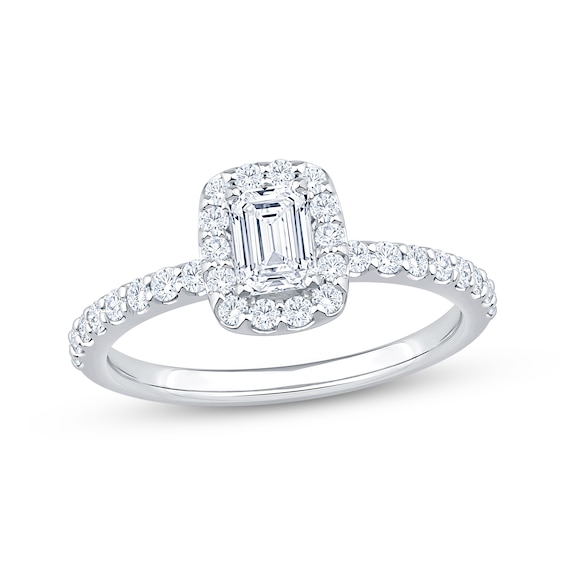 Previously Owned Lab-Grown Diamonds Emerald-Cut Halo Engagement Ring 1 ct tw 14K White Gold