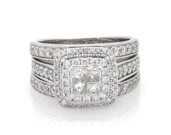 Previously Owned Princess-Cut Quad Diamond Double Halo Bridal Set 1-7/8 ct tw 14K White Gold 9.75