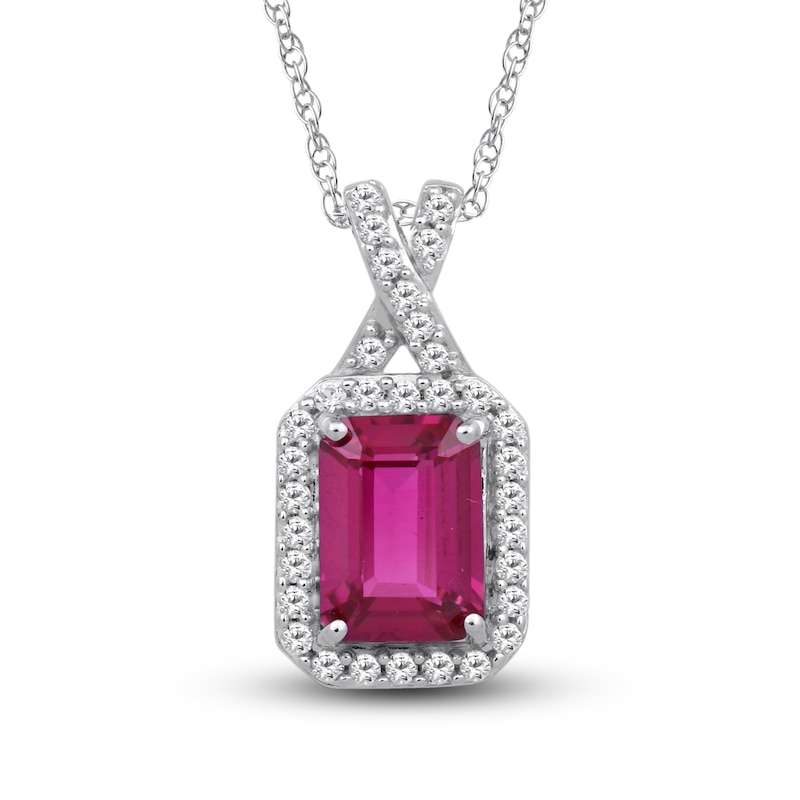 Lab-Created Ruby & White Lab-Created Sapphire Octagon Necklace Sterling Silver 18"