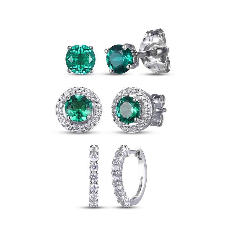 Round-Cut Lab-Created Emerald & White Lab-Created Sapphire Stud & Hoop Earrings Gift Set Sterling Silver