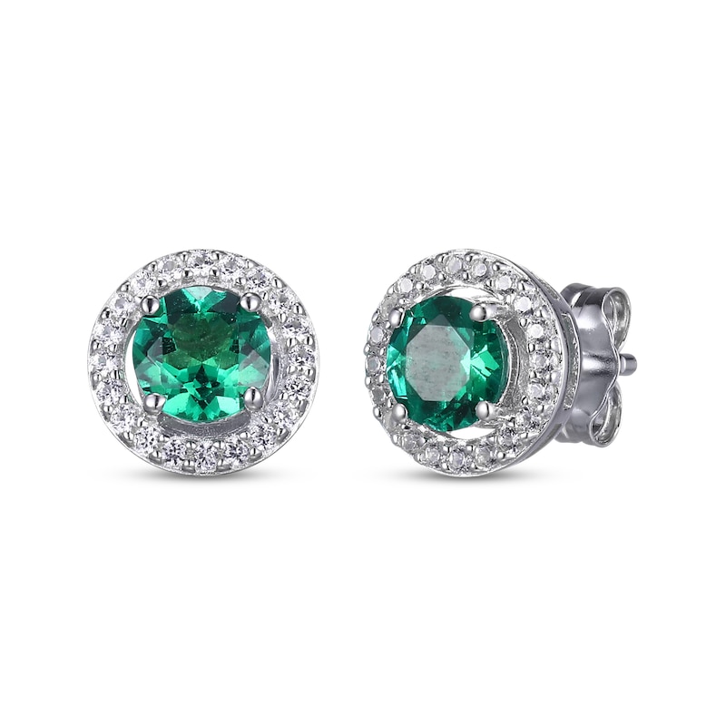 Round-Cut Lab-Created Emerald & White Lab-Created Sapphire Stud & Hoop Earrings Gift Set Sterling Silver
