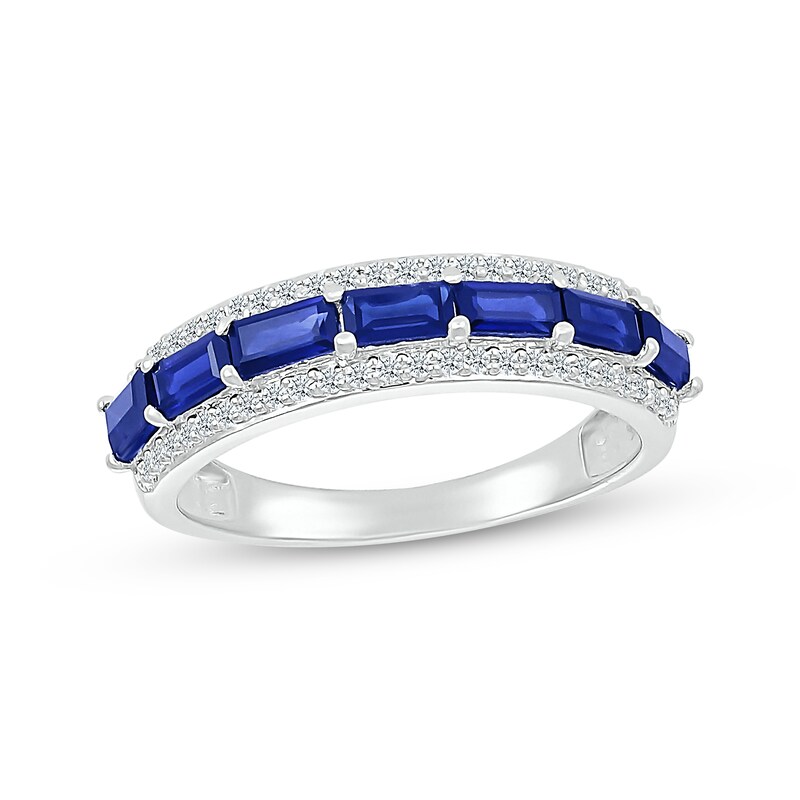 Main Image 1 of Baguette-Cut Blue Lab-Created Sapphire & Diamond Ring 1/5 ct tw 10K White Gold