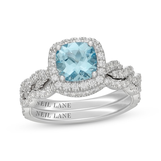Neil Lane Cushion-Cut Aquamarine & Diamond Halo Bridal Set 5/8 ct tw Diamonds 14K White Gold