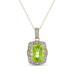 Cushion-Cut Peridot & Diamond Milgrain Frame Necklace 1/15 ct tw 10K Yellow Gold 18"
