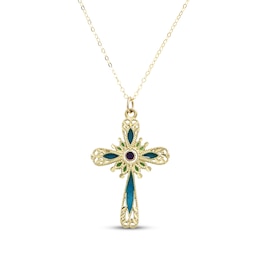 Multi-Color Enamel Cross Necklace 14K Yellow Gold 18"