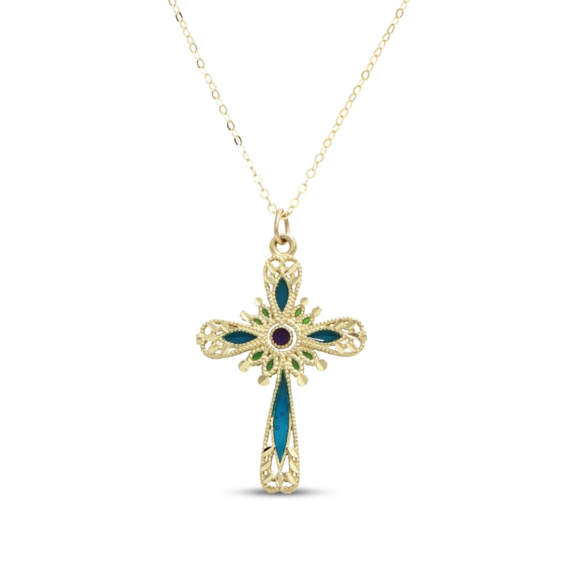 Main Image 1 of Multi-Color Enamel Cross Necklace 14K Yellow Gold 18"