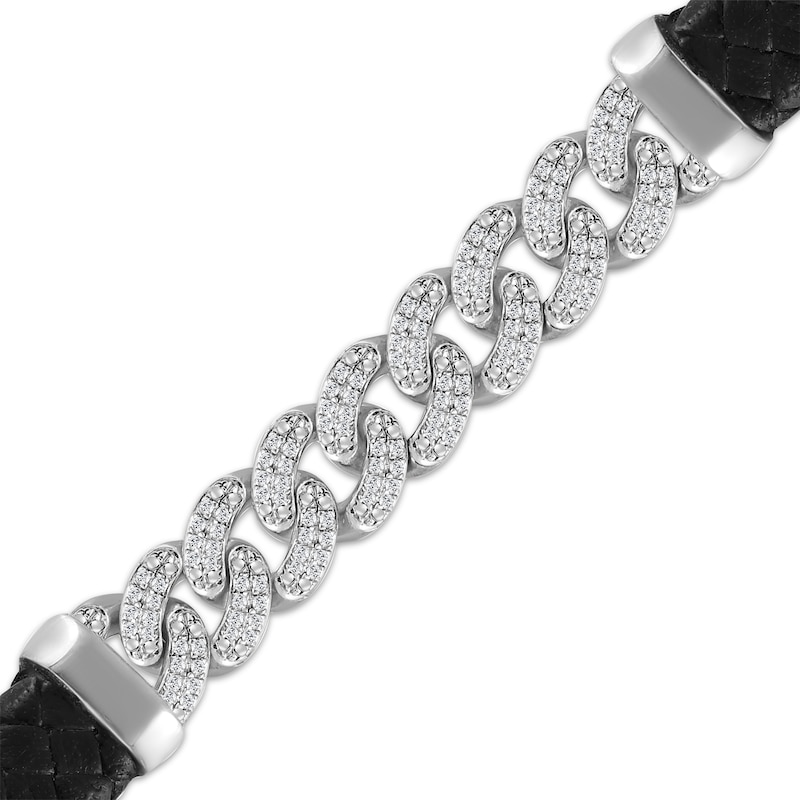 Main Image 2 of Men's Diamond Curb Chain & Braided Black Leather Bracelet 1/2 ct tw Sterling Silver 8"