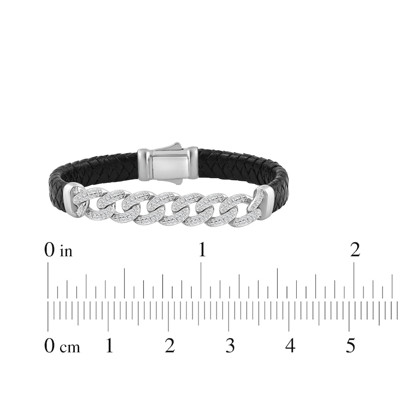 Main Image 5 of Men's Diamond Curb Chain & Braided Black Leather Bracelet 1/2 ct tw Sterling Silver 8"