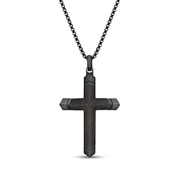 Men's Wood Cross Necklace Black Ion-Plated Stainless Steel 24"