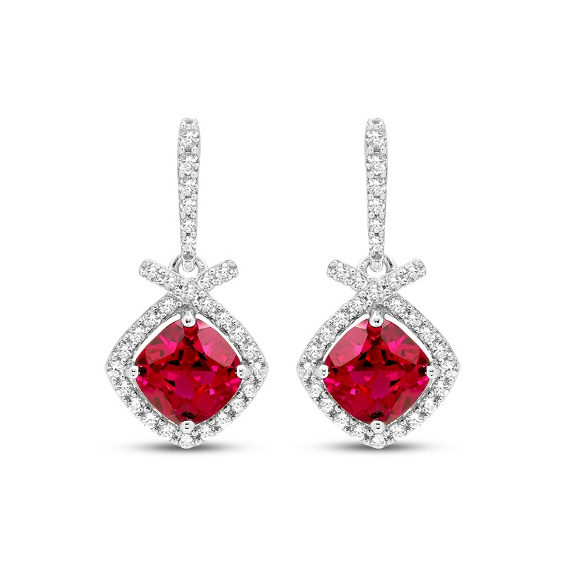 Main Image 2 of Cushion-Cut Lab-Created Ruby & White Lab-Created Sapphire Drop Earrings Sterling Silver
