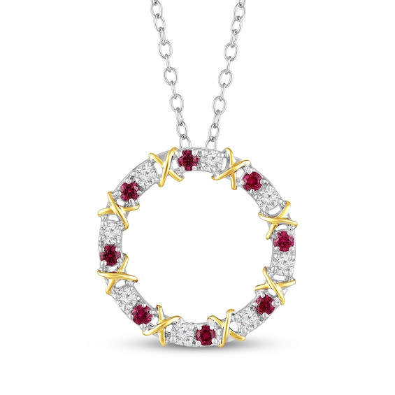Lab-Created Ruby & White Lab-Created Sapphire Circle Necklace Sterling Silver & 10K Yellow Gold 18"