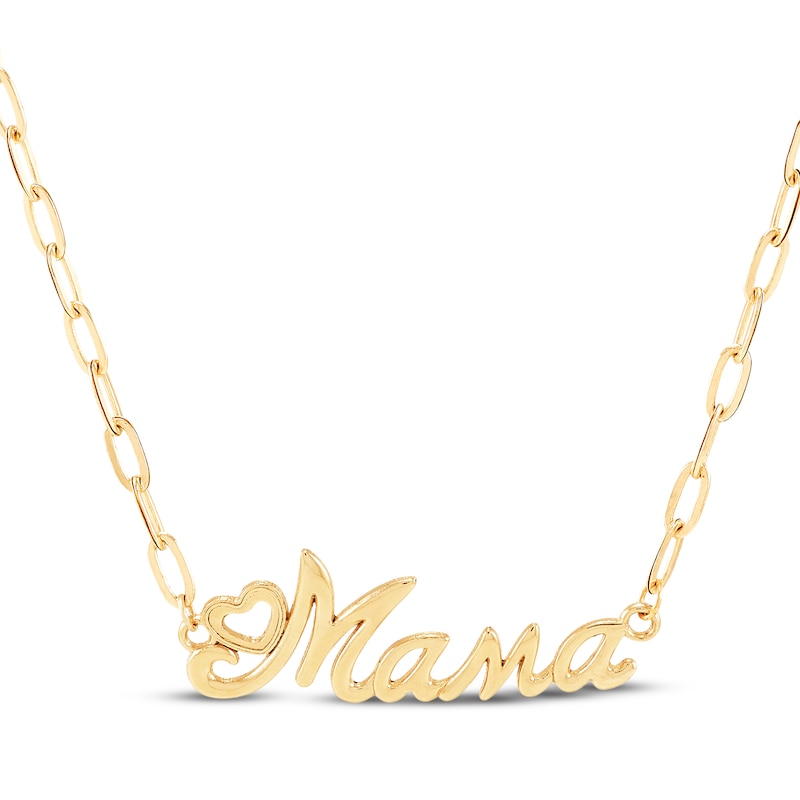 Main Image 1 of "Mama" with Heart Paperclip Chain Necklace Hollow 10K Yellow Gold 18"
