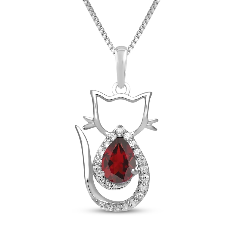 Main Image 1 of Pear-Shaped Garnet & White Lab-Created Sapphire Cat Necklace Sterling Silver 18"