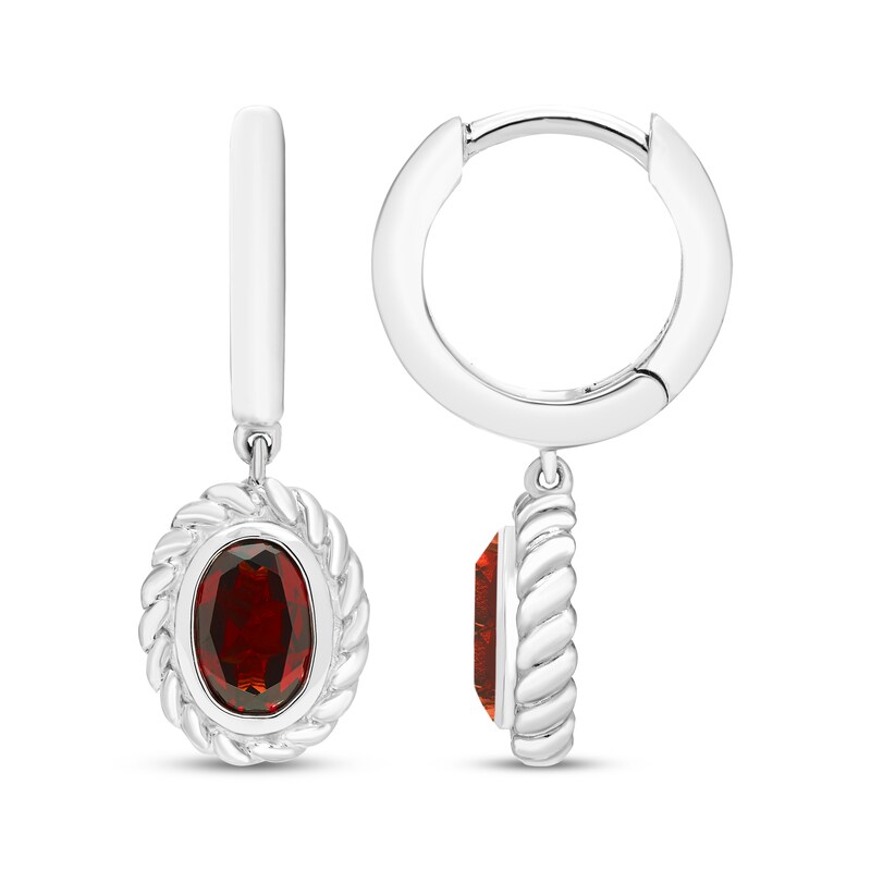 Main Image 3 of Oval-Cut Garnet Solitaire Twist Frame Dangle Hoop Earrings Sterling Silver