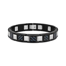 Men's Blue & Black Carbon Fiber Link Chain Bracelet Black Ion-Plated Stainless Steel & Tungsten 9"
