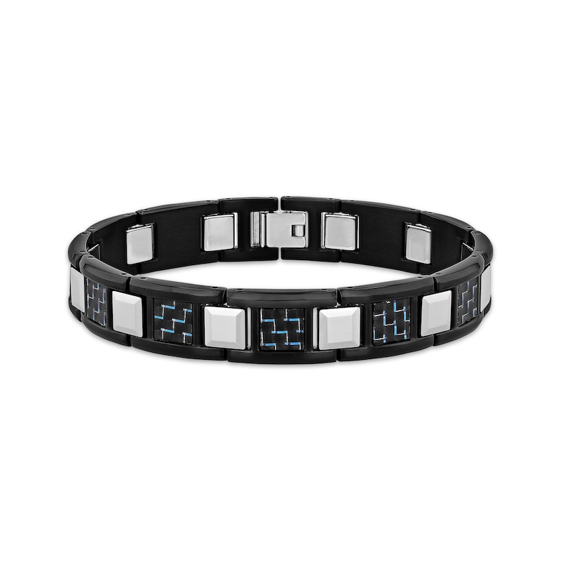 Main Image 1 of Men's Blue & Black Carbon Fiber Link Chain Bracelet Black Ion-Plated Stainless Steel & Tungsten 9"