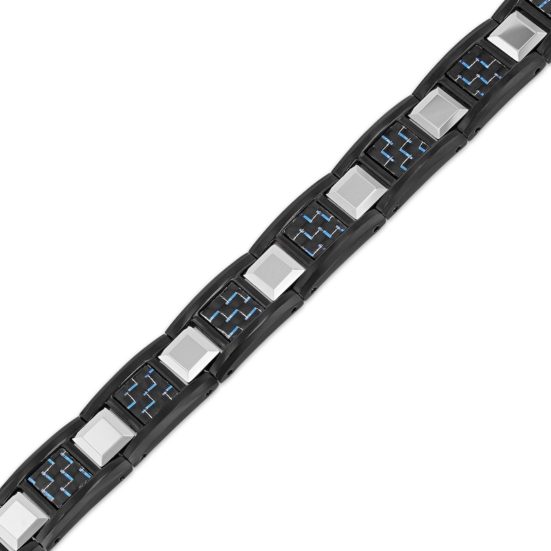 Main Image 2 of Men's Blue & Black Carbon Fiber Link Chain Bracelet Black Ion-Plated Stainless Steel & Tungsten 9"