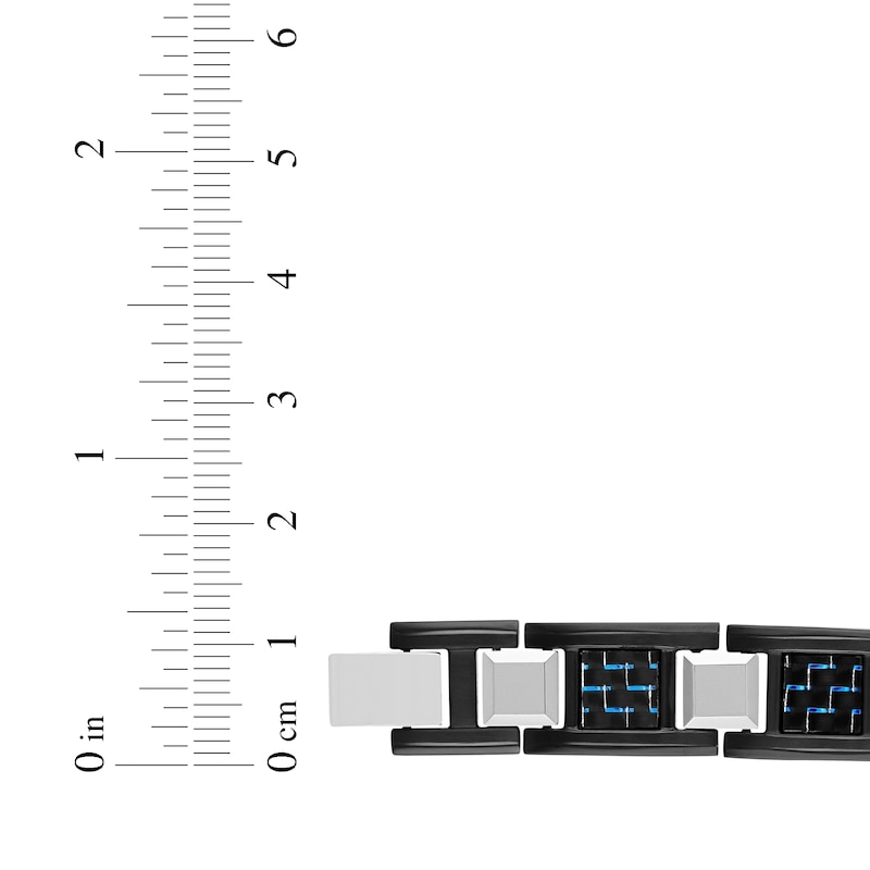 Main Image 4 of Men's Blue & Black Carbon Fiber Link Chain Bracelet Black Ion-Plated Stainless Steel & Tungsten 9"