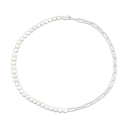 Cultured Pearl & Paperclip Chain Necklace Sterling Silver 18"