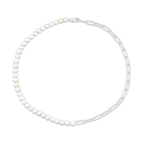 Cultured Pearl & Paperclip Chain Necklace Sterling Silver 18"