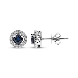Natural Blue Sapphire & Diamond Halo Stud Earrings 1/8 ct tw 10K White Gold