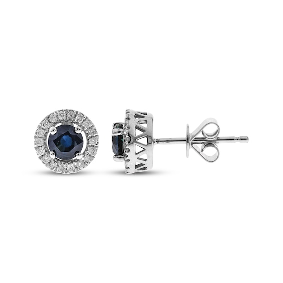 Natural Blue Sapphire & Diamond Halo Stud Earrings 1/8 ct tw 10K White Gold