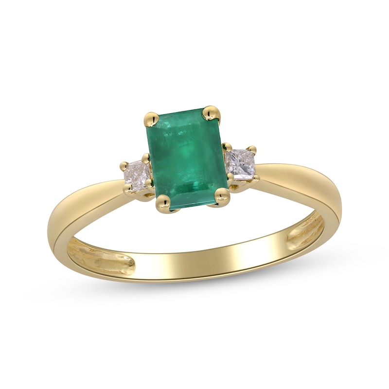 Main Image 1 of Emerald-Cut Natural Emerald & Diamond Ring 1/10 ct tw 10K Yellow Gold