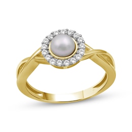 Cultured Pearl & White Lab-Created Sapphire Halo Ring 10K Yellow Gold
