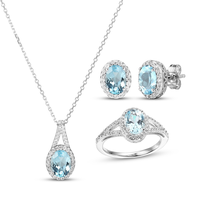 Main Image 1 of Oval-Cut Sky Blue Topaz & White Lab-Created Sapphire Necklace, Stud Earrings & Ring Gift Set Sterling Silver