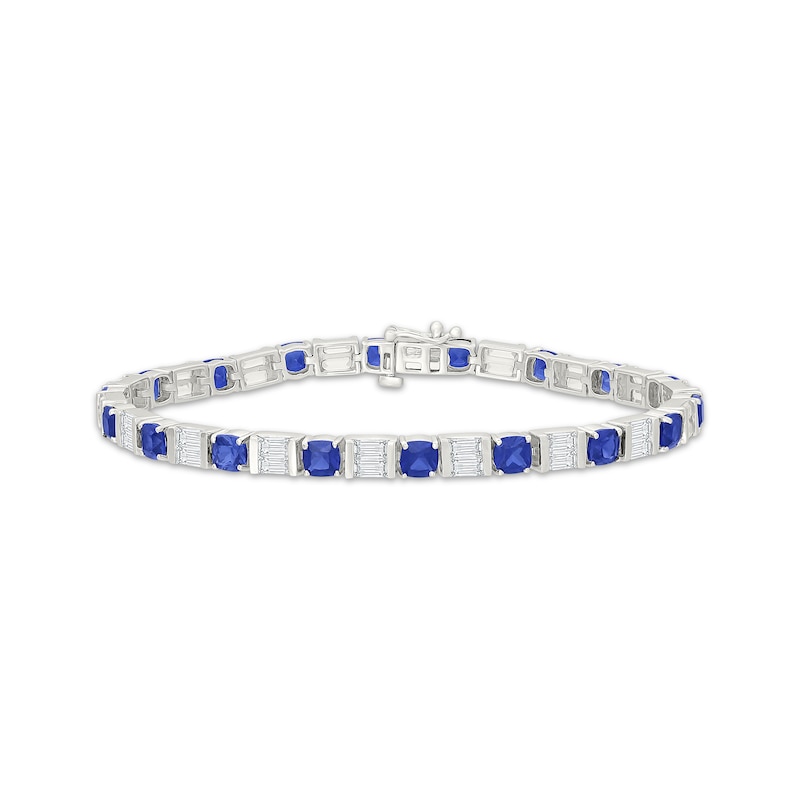 Main Image 1 of Cushion-Cut Blue Lab-Created Sapphire & Baguette-Cut White Lab-Created Sapphire Alternating Bracelet Sterling Silver 7"