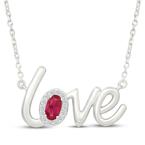 Oval-Cut Lab-Created Ruby & White Lab-Created Sapphire "Love" Necklace Sterling Silver 18"