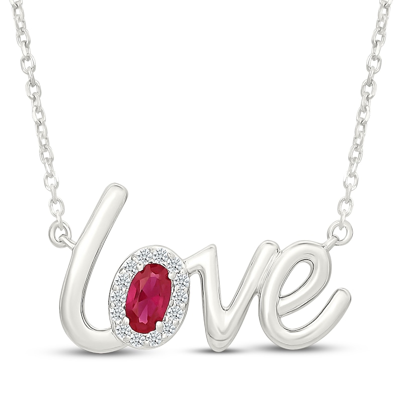 Main Image 1 of Oval-Cut Lab-Created Ruby & White Lab-Created Sapphire "Love" Necklace Sterling Silver 18"