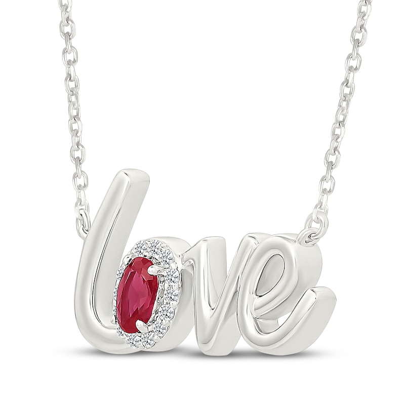 Main Image 2 of Oval-Cut Lab-Created Ruby & White Lab-Created Sapphire "Love" Necklace Sterling Silver 18"