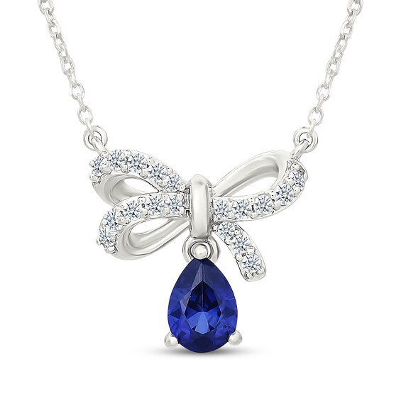 Pear-Shaped Blue Lab-Created Sapphire & White Lab-Created Sapphire Bow Dangle Necklace Sterling Silver 18"