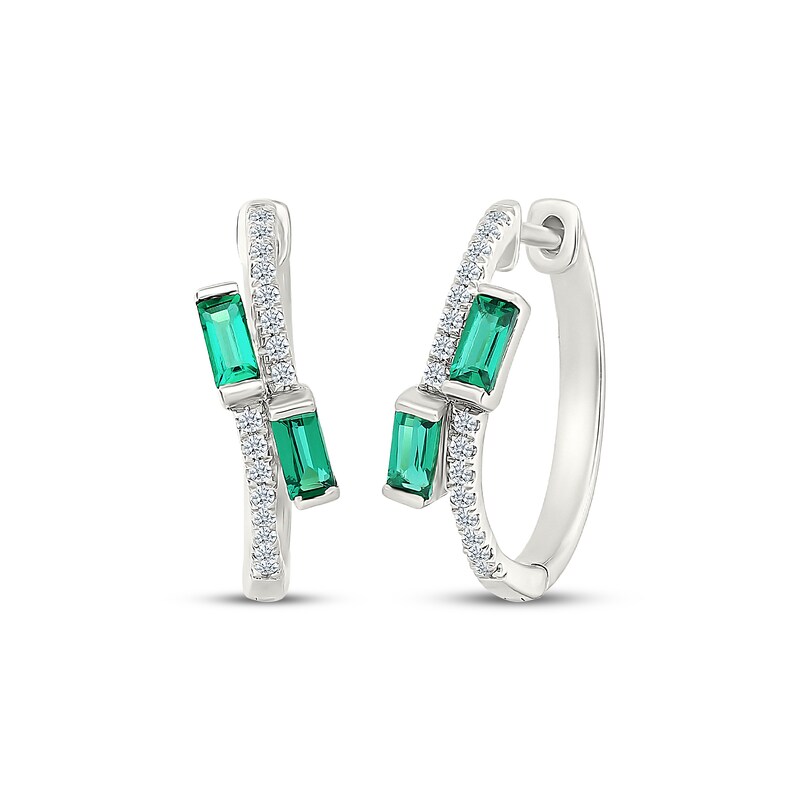 Main Image 1 of Baguette-Cut Lab-Created Emerald & White Lab-Created Sapphire Bypass Earrings Sterling Silver