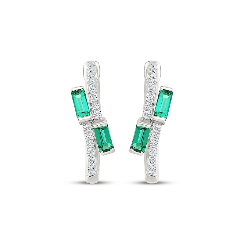 Main Image 2 of Baguette-Cut Lab-Created Emerald & White Lab-Created Sapphire Bypass Earrings Sterling Silver