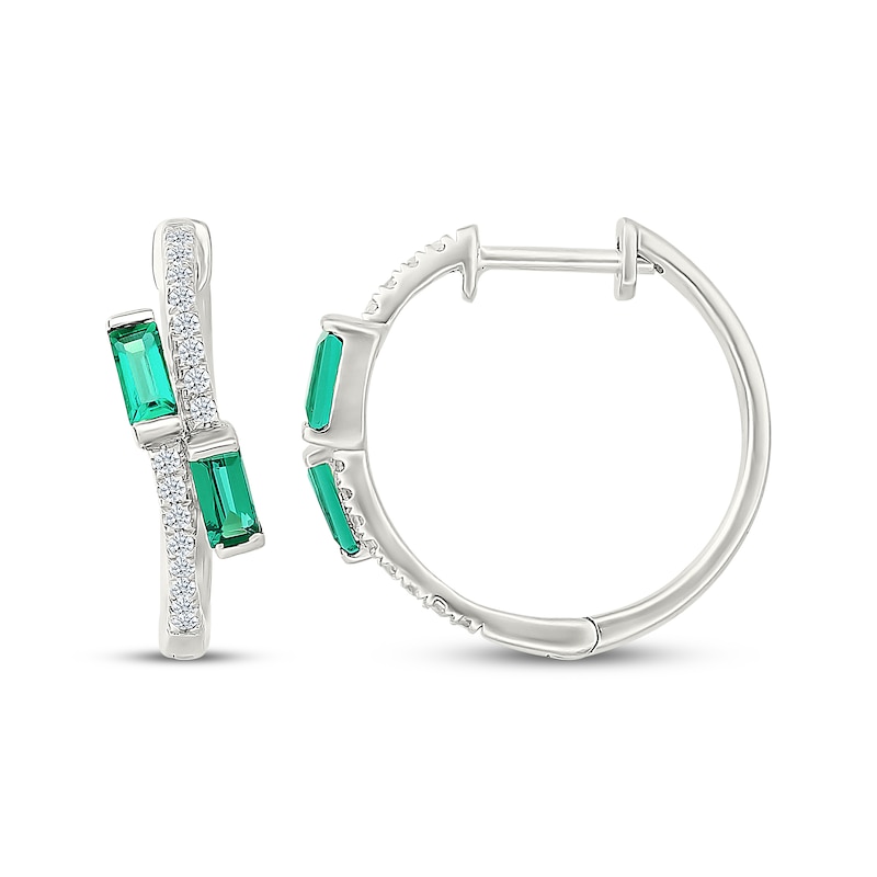 Main Image 3 of Baguette-Cut Lab-Created Emerald & White Lab-Created Sapphire Bypass Earrings Sterling Silver
