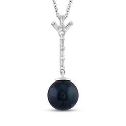 Black Cultured Pearl & White Lab-Created Sapphire Drop Necklace Sterling Silver 18"