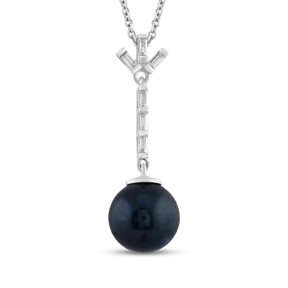 Black Cultured Pearl & White Lab-Created Sapphire Drop Necklace Sterling Silver 18"